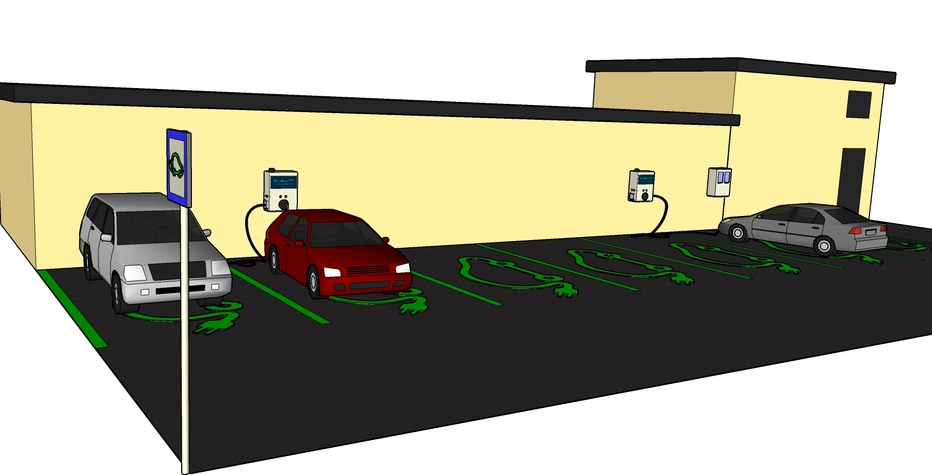 Slika AC polnilnice za električna vozila s 6 polnilnimi mesti in parkiriščem